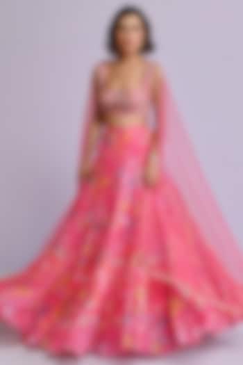 Pink Raw Silk & Georgette Floral Printed Frilled Lehenga Set by Chamee and Palak
