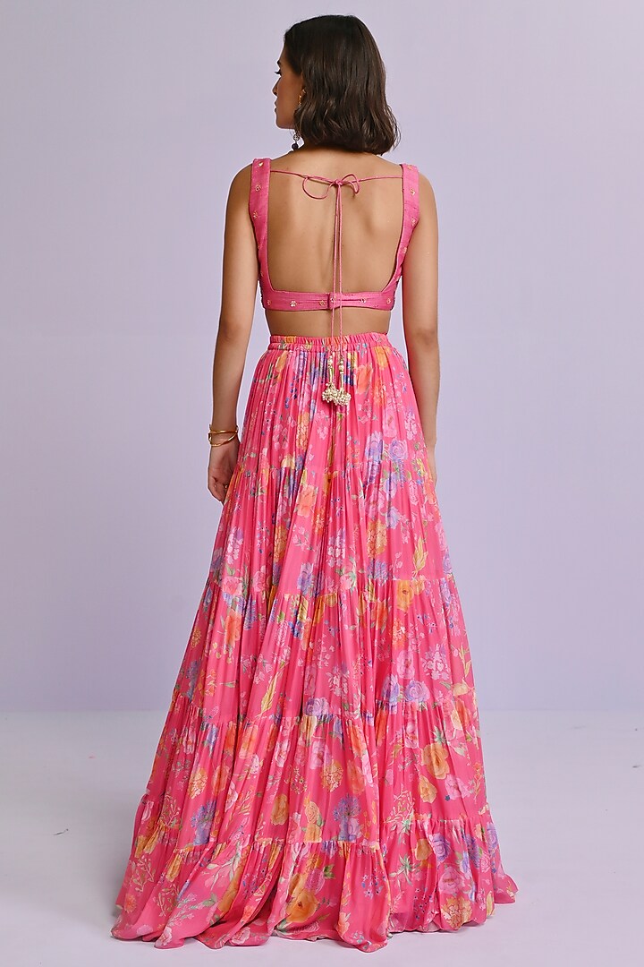 Pink Raw Silk & Georgette Floral Printed Frilled Wedding Lehenga Set by Chamee and Palak at Pernia's Pop Up Shop