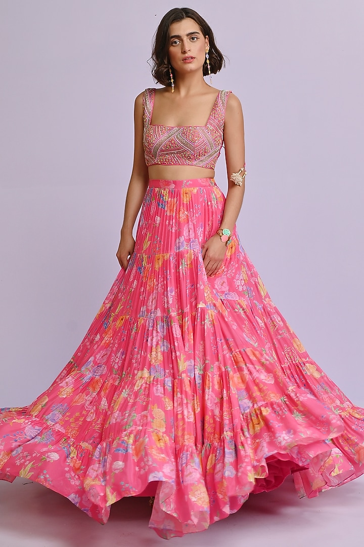 Pink Raw Silk & Georgette Floral Printed Frilled Wedding Lehenga Set by Chamee and Palak at Pernia's Pop Up Shop