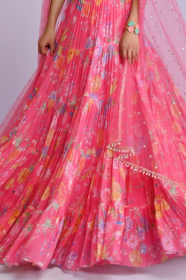 Pink Raw Silk & Georgette Floral Printed Frilled Wedding Lehenga Set by Chamee and Palak at Pernia's Pop Up Shop