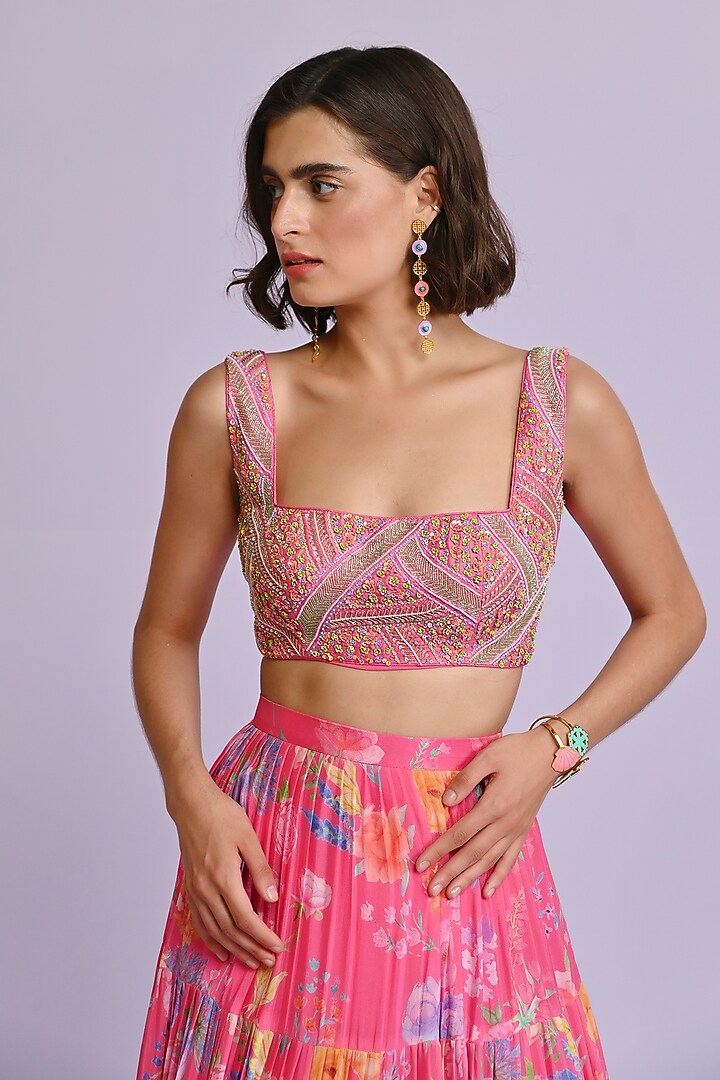 Pink Raw Silk & Georgette Floral Printed Frilled Wedding Lehenga Set by Chamee and Palak at Pernia's Pop Up Shop