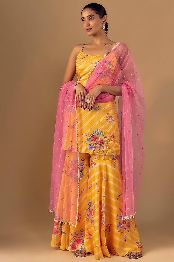 Yellow Satin Floral Printed & Sequins Embroidered Kurta Set by Chamee and Palak