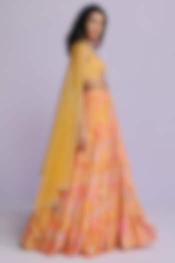 Yellow Georgette Floral Printed Tiered Wedding Lehenga Set by Chamee and Palak at Pernia's Pop Up Shop