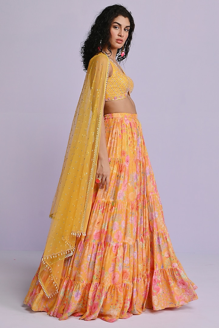 Yellow Georgette Floral Printed Tiered Wedding Lehenga Set by Chamee and Palak at Pernia's Pop Up Shop