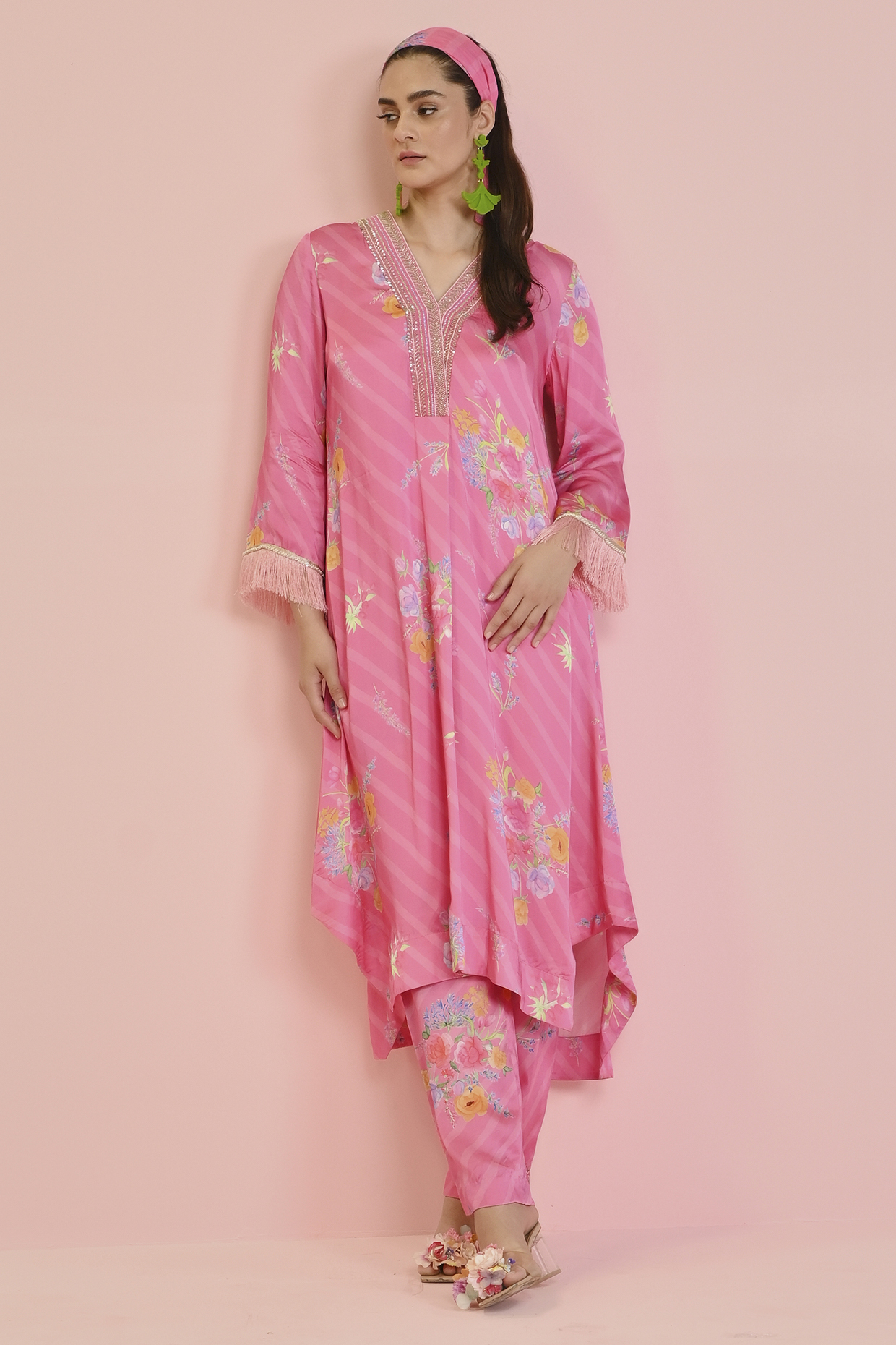 Pink Satin Printed & Sequins Embroidered Kurta Set by Chamee and Palak at Pernia's Pop Up Shop