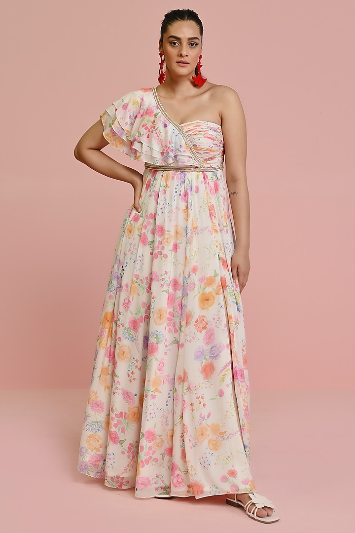 Ivory Georgette Floral Printed One-Shoulder Ruched Gown by Chamee and Palak