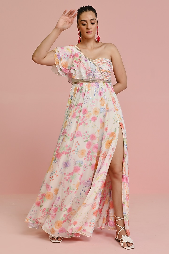 Ivory Georgette Floral Printed One-Shoulder Ruched Party Wear Gown by Chamee and Palak at Pernia's Pop Up Shop