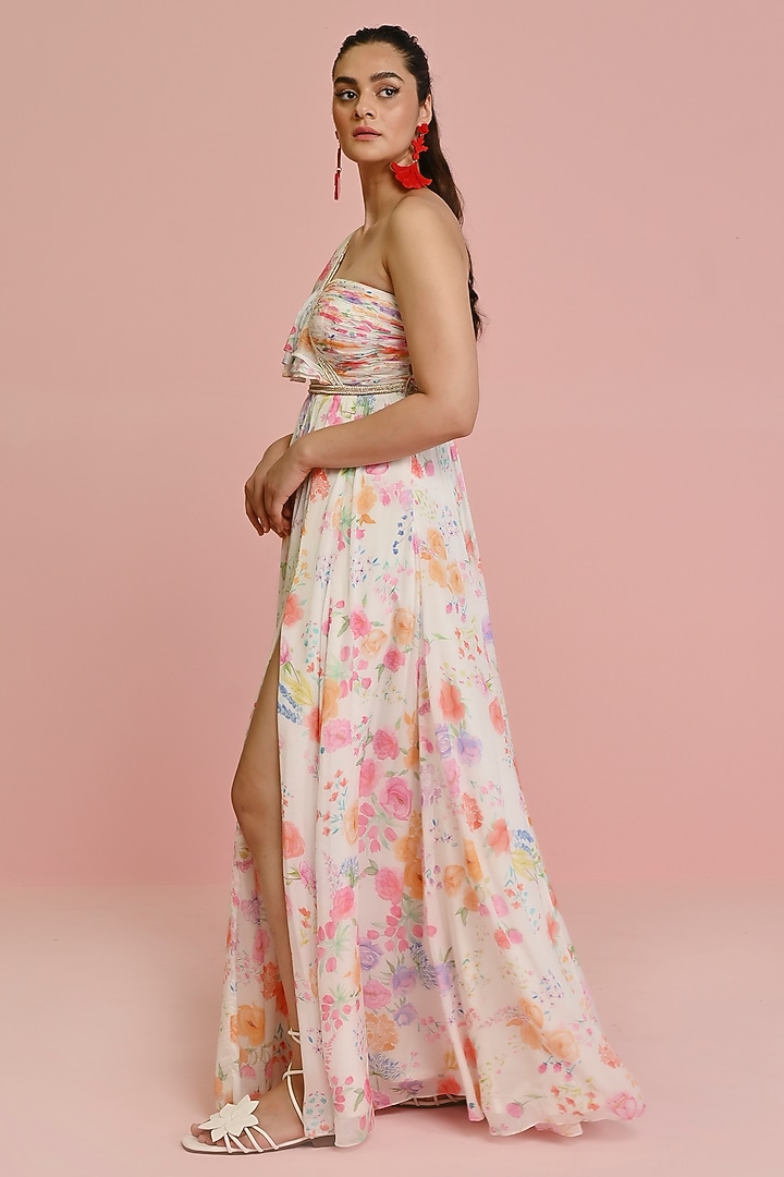 Ivory Georgette Floral Printed One-Shoulder Ruched Party Wear Gown by Chamee and Palak at Pernia's Pop Up Shop