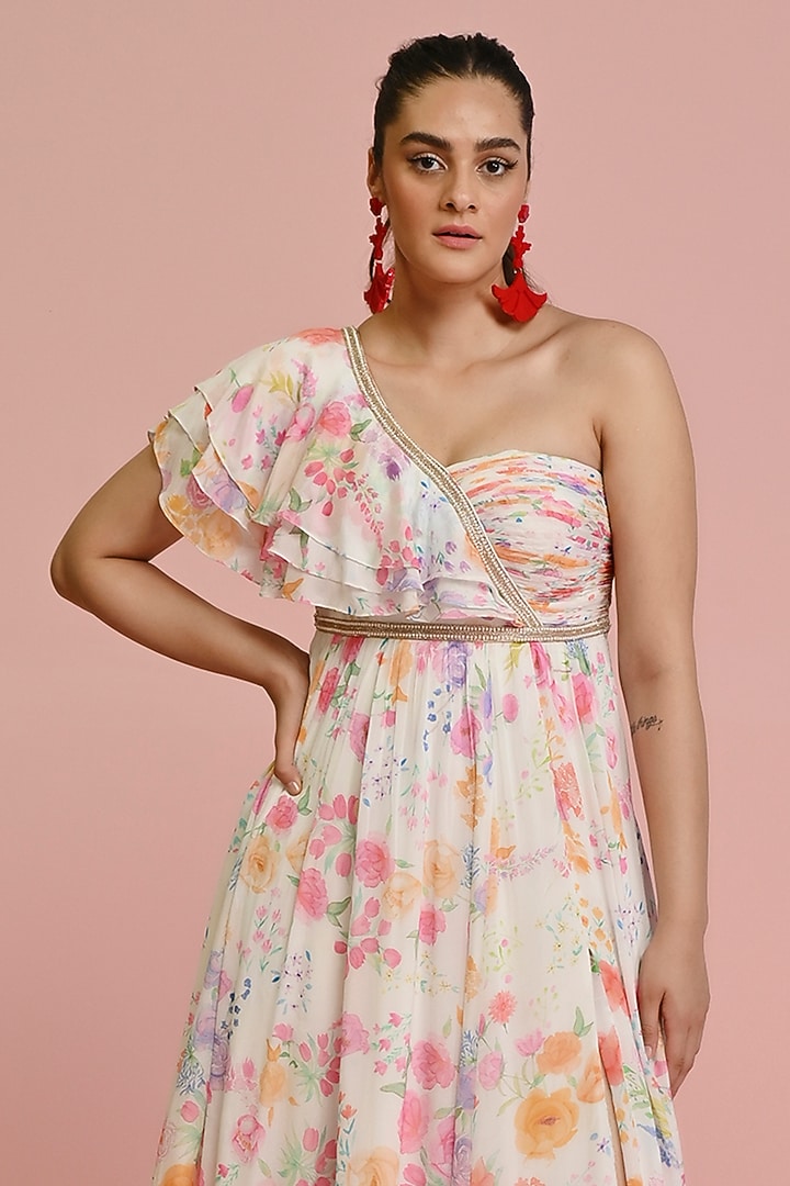 Ivory Georgette Floral Printed One-Shoulder Ruched Party Wear Gown by Chamee and Palak at Pernia's Pop Up Shop