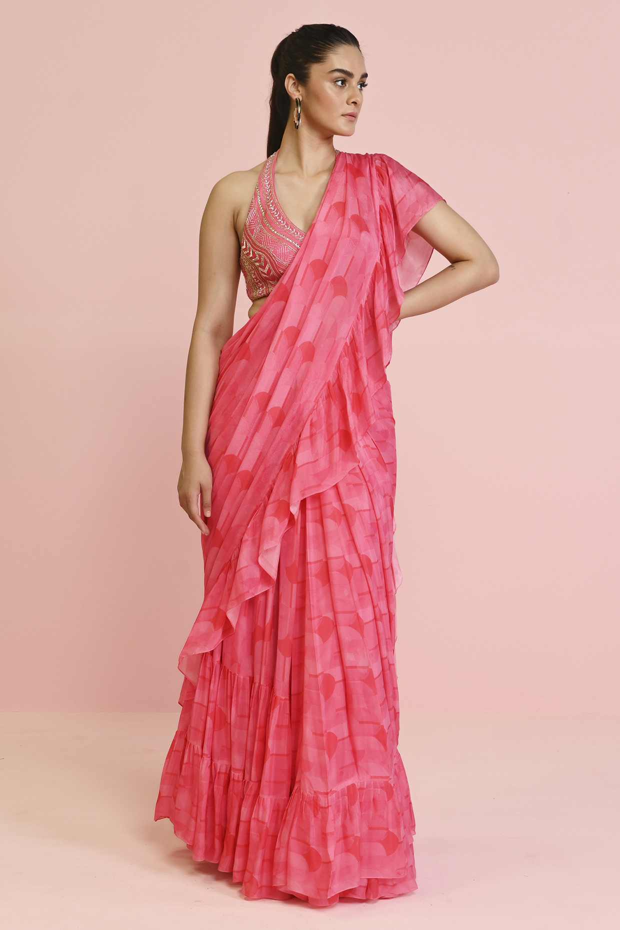 Pink Georgette Draped Ruffled Wedding Saree Set by Chamee and Palak at Pernia's Pop Up Shop