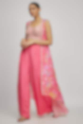 Pink Raw Silk Floral Printed Jacket Set by Chamee and Palak at Pernia's Pop Up Shop