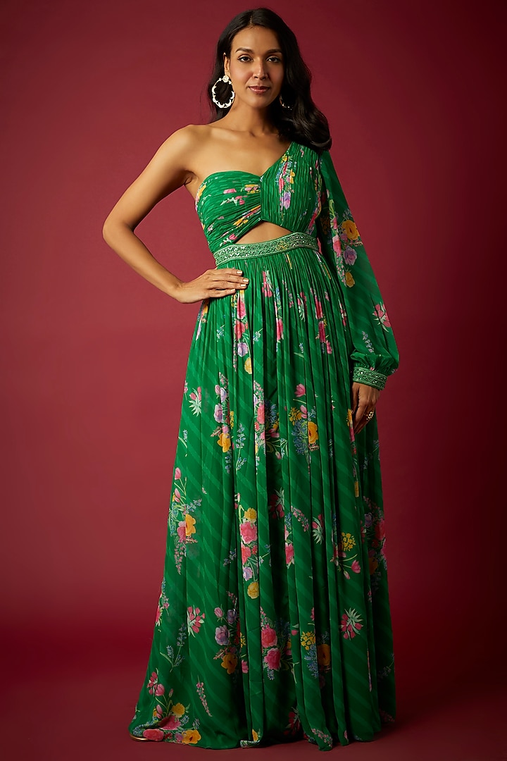 Green Georgette Floral Printed One-Shoulder Gown by Chamee and Palak