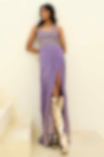 Purple Raw Silk & Georgette Embellished Skirt Set by Chamee and Palak at Pernia's Pop Up Shop