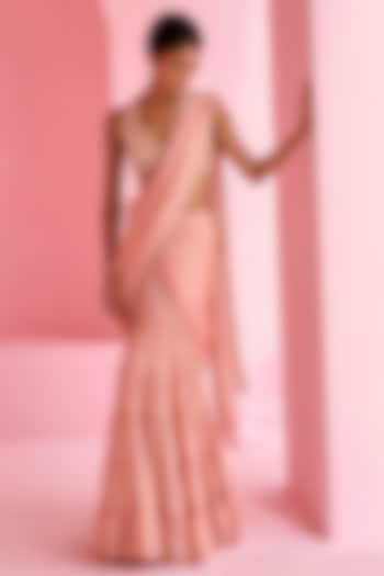 Peach Tissue Pre-Draped Tiered Wedding Saree Set by Chamee and Palak at Pernia's Pop Up Shop