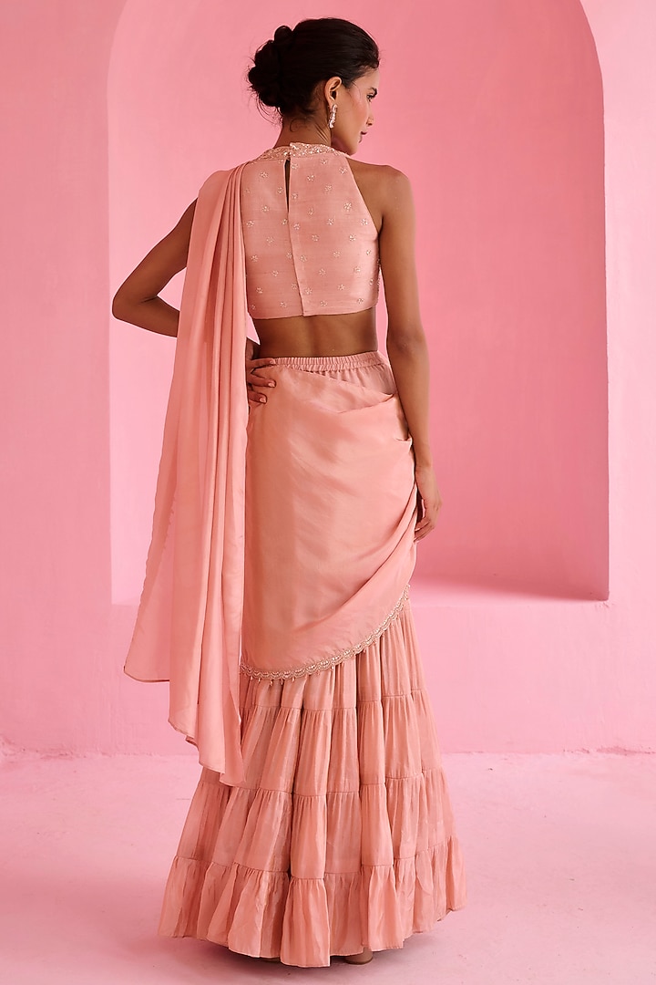 Peach Tissue Pre-Draped Tiered Wedding Saree Set by Chamee and Palak at Pernia's Pop Up Shop