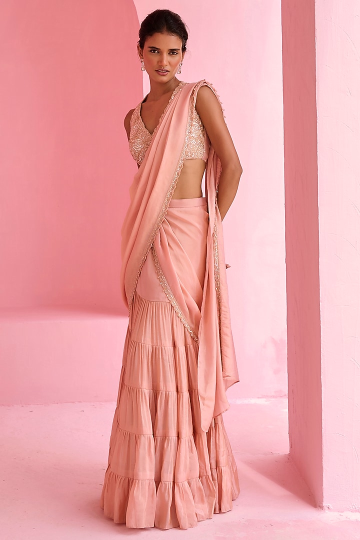Peach Tissue Pre-Draped Tiered Wedding Saree Set by Chamee and Palak at Pernia's Pop Up Shop