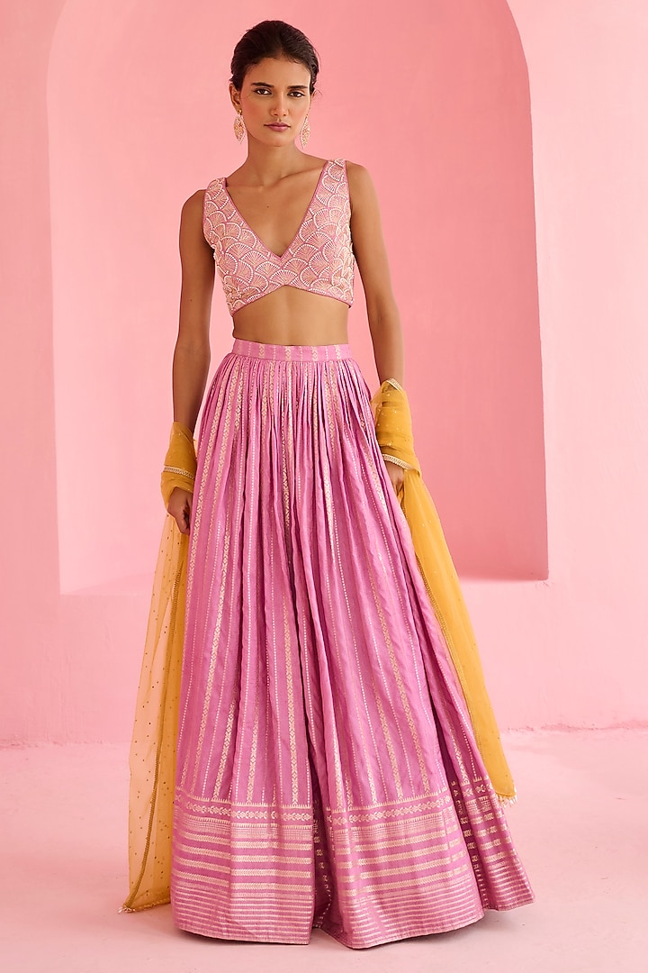 Lavender-Pink & Yellow Jamawar Wedding Lehenga Set by Chamee and Palak at Pernia's Pop Up Shop