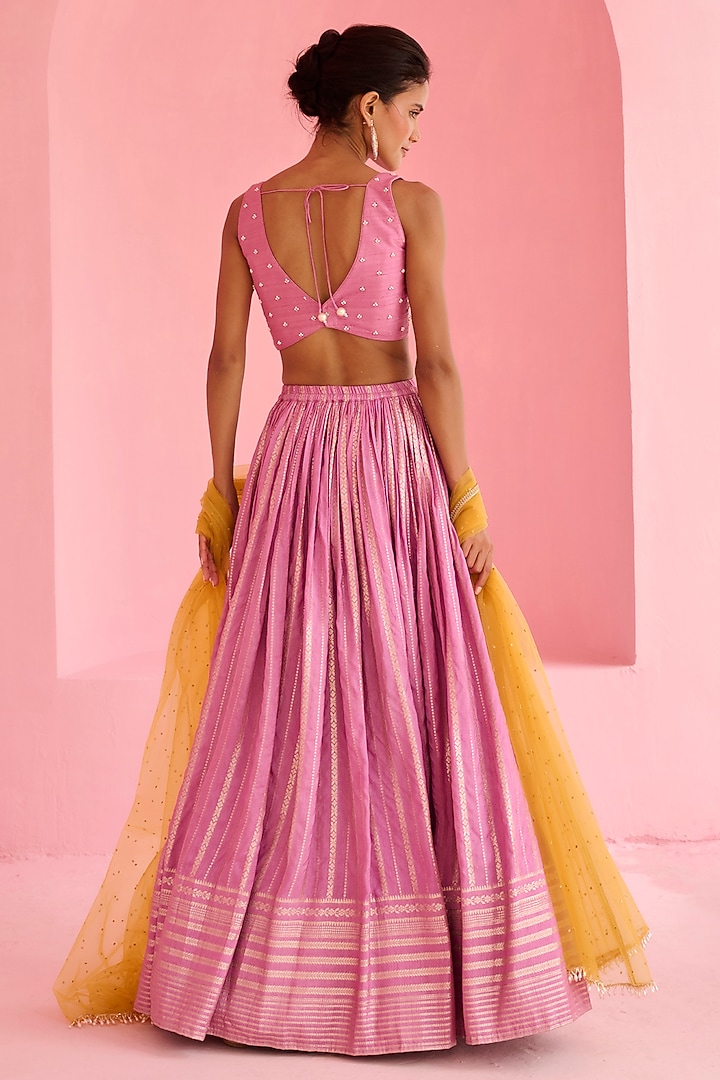 Lavender-Pink & Yellow Jamawar Wedding Lehenga Set by Chamee and Palak at Pernia's Pop Up Shop