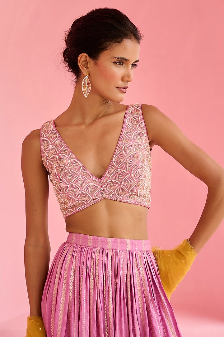 Lavender-Pink & Yellow Jamawar Wedding Lehenga Set by Chamee and Palak at Pernia's Pop Up Shop