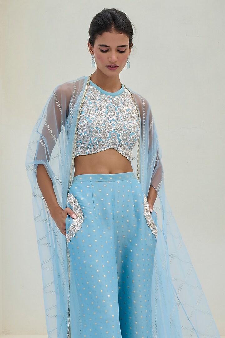 Blue Tulle Cape Set by Chamee and Palak at Pernia's Pop Up Shop