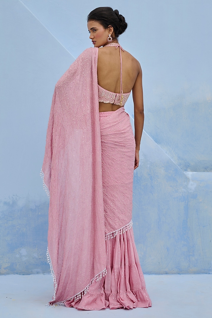 Blush Pink Georgette Pre-Draped Tiered Wedding Saree Set by Chamee and Palak at Pernia's Pop Up Shop