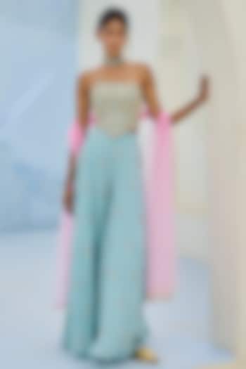 Blue Crepe Embellished Flared Pant Set by Chamee and Palak at Pernia's Pop Up Shop
