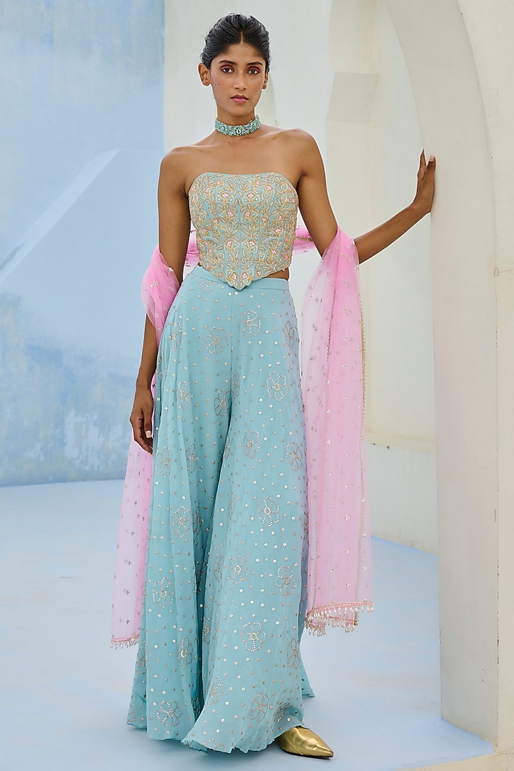 Blue Crepe Embellished Flared Pant Set by Chamee and Palak at Pernia's Pop Up Shop