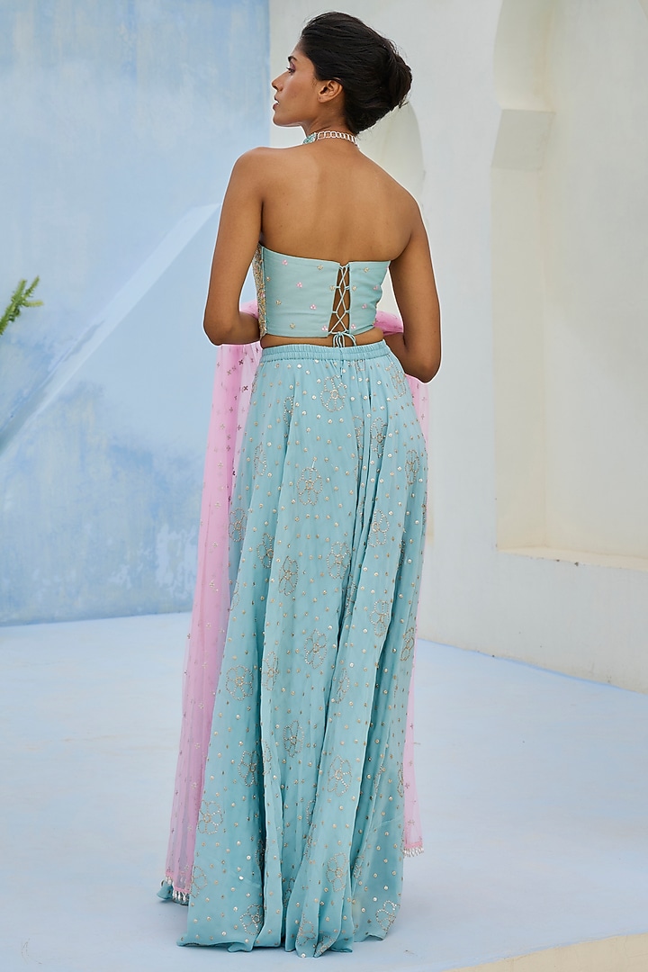 Blue Crepe Embellished Flared Pant Set by Chamee and Palak at Pernia's Pop Up Shop