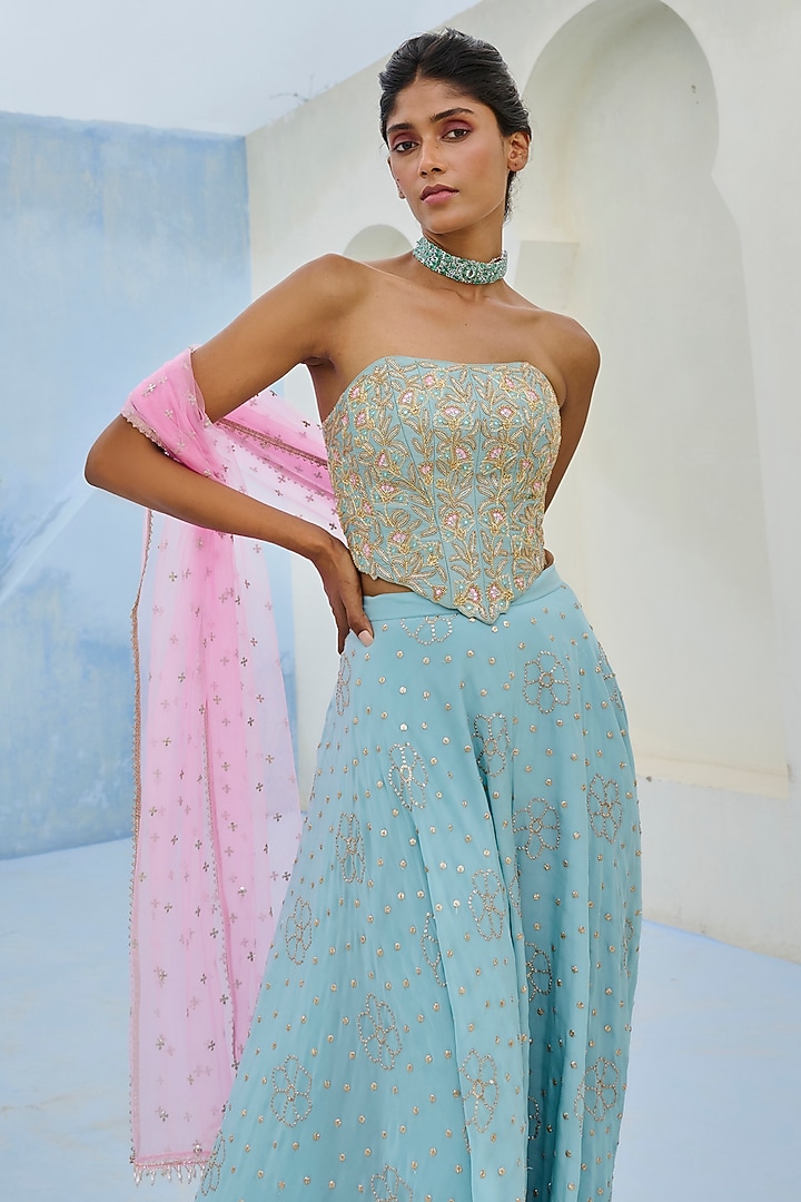 Blue Crepe Embellished Flared Pant Set by Chamee and Palak at Pernia's Pop Up Shop