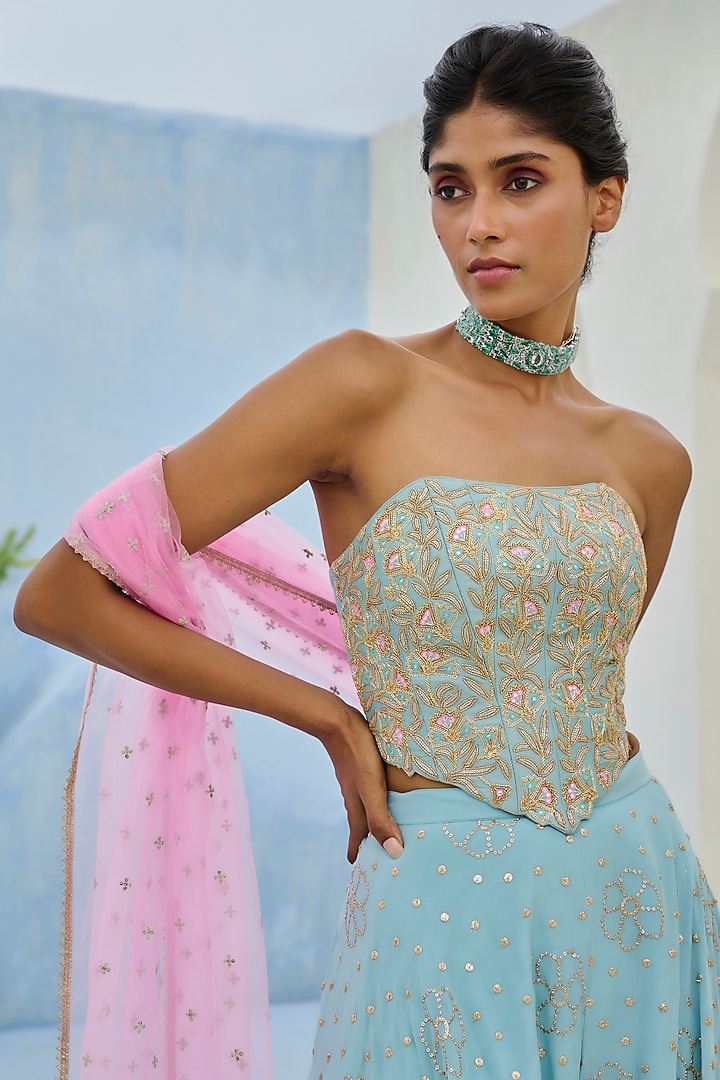 Blue Crepe Embellished Flared Pant Set by Chamee and Palak at Pernia's Pop Up Shop