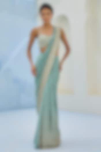 Dusty Green Georgette Sequins Embellished Pre-Draped Wedding Saree Set by Chamee and Palak at Pernia's Pop Up Shop