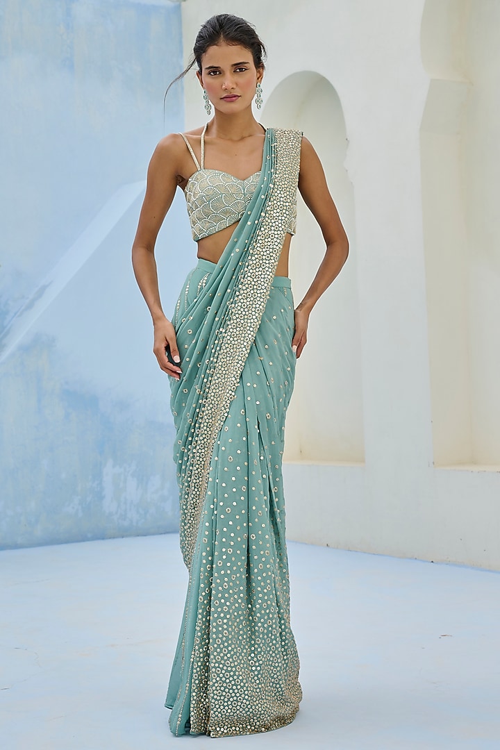 Dusty Green Georgette Sequins Embellished Pre-Draped Wedding Saree Set by Chamee and Palak at Pernia's Pop Up Shop