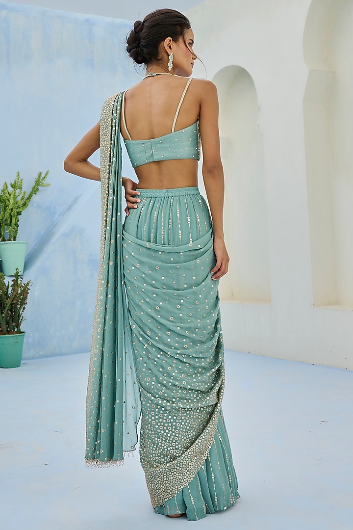 Dusty Green Georgette Sequins Embellished Pre-Draped Wedding Saree Set by Chamee and Palak at Pernia's Pop Up Shop