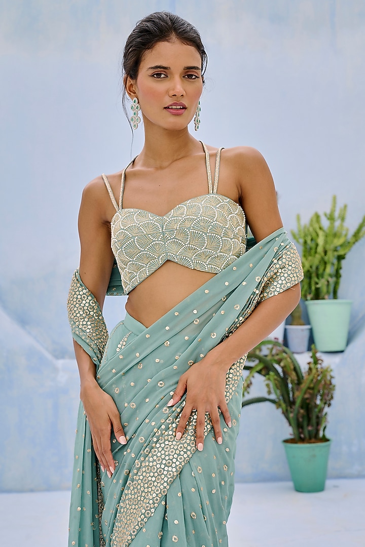 Dusty Green Georgette Sequins Embellished Pre-Draped Wedding Saree Set by Chamee and Palak at Pernia's Pop Up Shop
