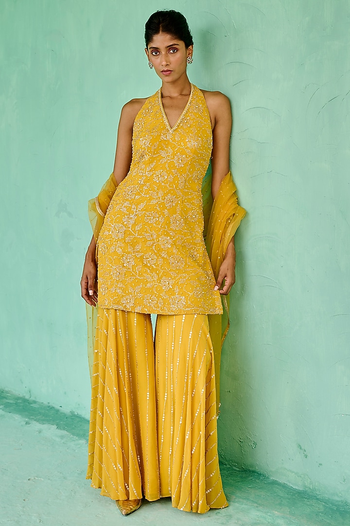 Yellow Georgette Sequins Embellished Wedding Sharara Set by Chamee and Palak at Pernia's Pop Up Shop