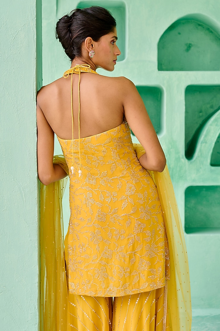Yellow Georgette Sequins Embellished Wedding Sharara Set by Chamee and Palak at Pernia's Pop Up Shop