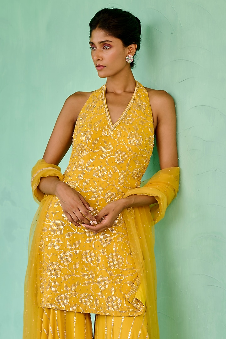 Yellow Georgette Sequins Embellished Wedding Sharara Set by Chamee and Palak at Pernia's Pop Up Shop