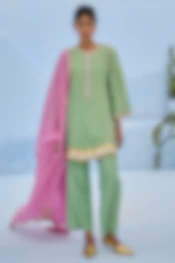 Green Tissue Brocade Glass Bead Embroidered Kurta Set by Chamee and Palak at Pernia's Pop Up Shop