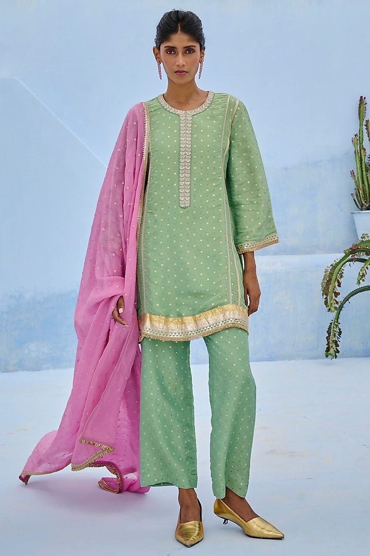 Green Tissue Brocade Glass Bead Embroidered Kurta Set by Chamee and Palak at Pernia's Pop Up Shop