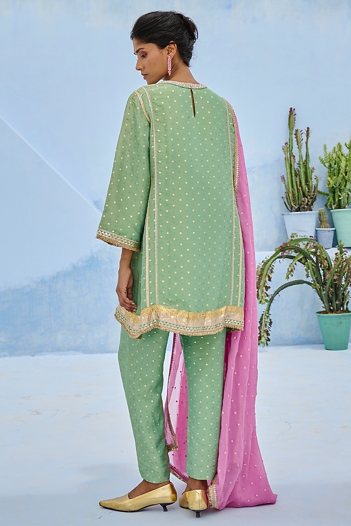 Green Tissue Brocade Glass Bead Embroidered Kurta Set by Chamee and Palak at Pernia's Pop Up Shop