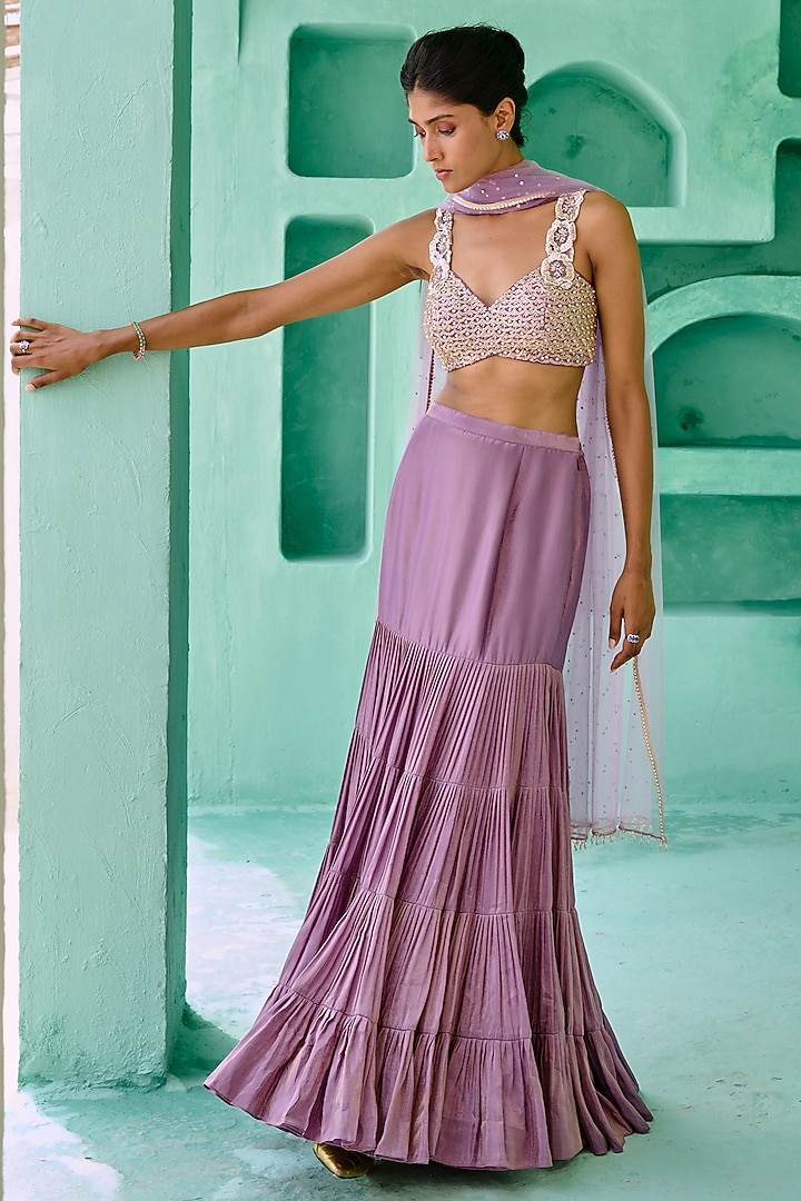 Dusty Purple Tissue Silk Frilled Skirt Set by Chamee and Palak at Pernia's Pop Up Shop