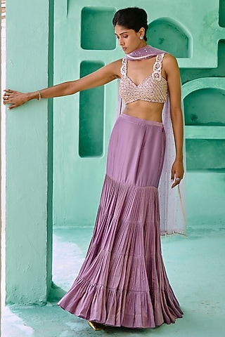 Dusty Purple Tissue Silk Frilled Skirt Set by Chamee and Palak
