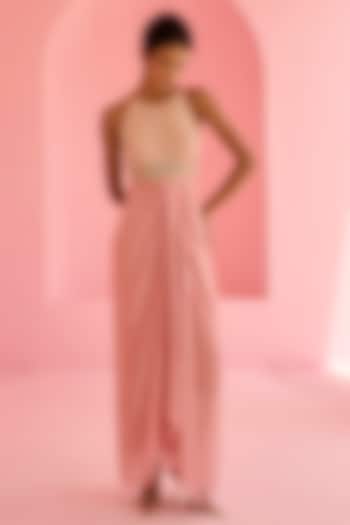 Pink Raw Silk & Georgette Sequins Embroidered Maxi Vacation Dress by Chamee and Palak at Pernia's Pop Up Shop