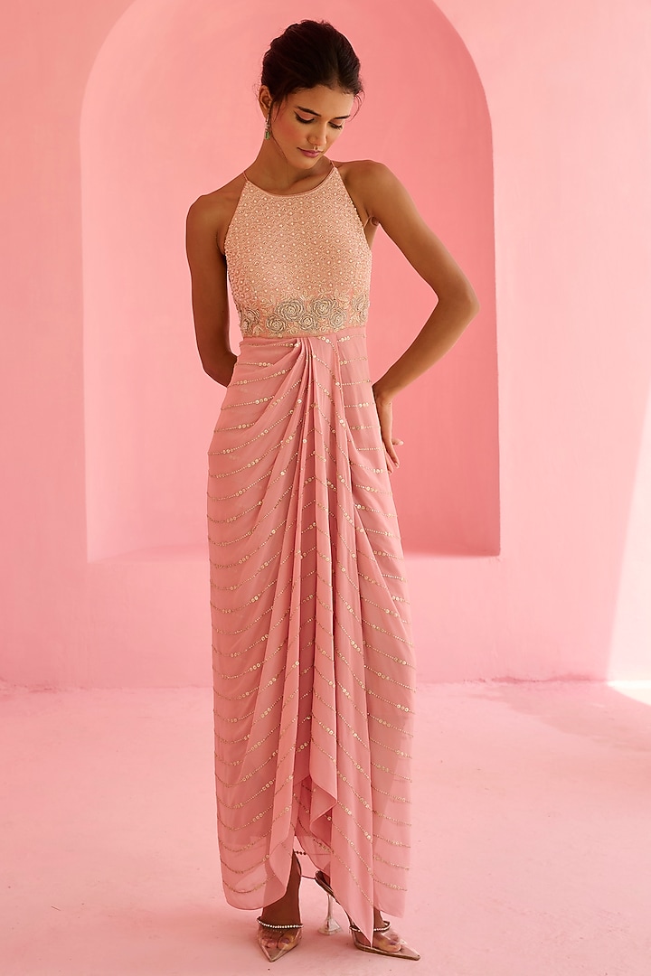 Pink Raw Silk & Georgette Sequins Embroidered Maxi Vacation Dress by Chamee and Palak at Pernia's Pop Up Shop