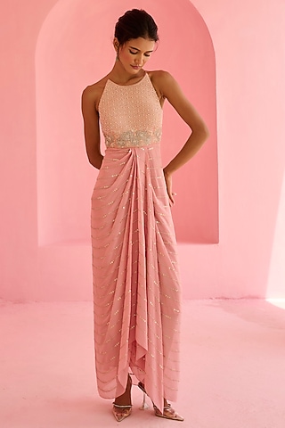 Pink Raw Silk & Georgette Sequins Embroidered Maxi Dress by Chamee and Palak