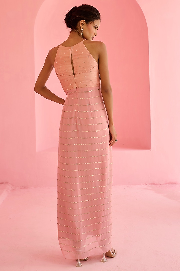Pink Raw Silk & Georgette Sequins Embroidered Maxi Cocktail Dress by Chamee and Palak at Pernia's Pop Up Shop