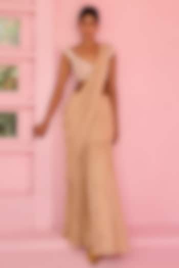 Beige Raw Silk & Georgette Floral Sequins Embellished Pre-Draped Wedding Saree Set by Chamee and Palak at Pernia's Pop Up Shop