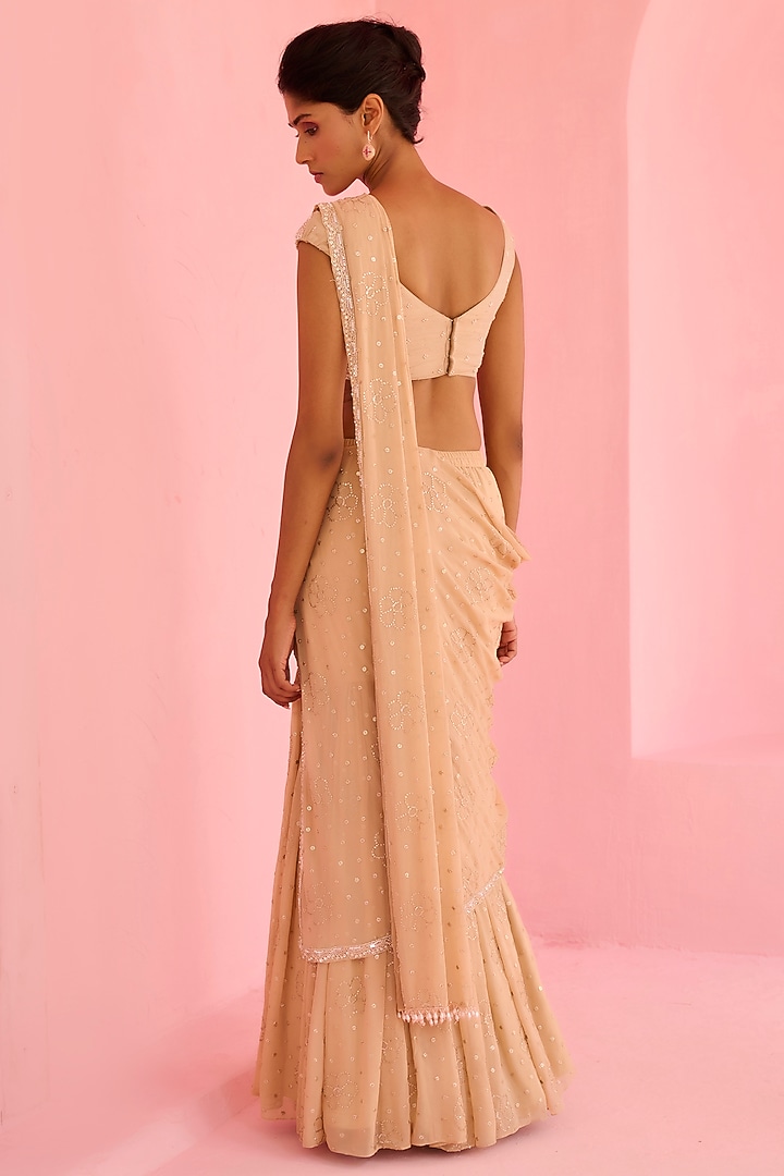 Beige Raw Silk & Georgette Floral Sequins Embellished Pre-Draped Wedding Saree Set by Chamee and Palak at Pernia's Pop Up Shop