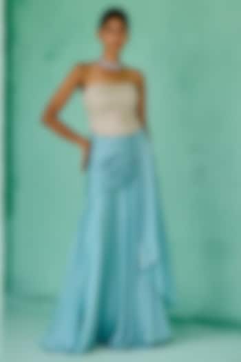Blue Chiffon Draped Skirt Set by Chamee and Palak at Pernia's Pop Up Shop
