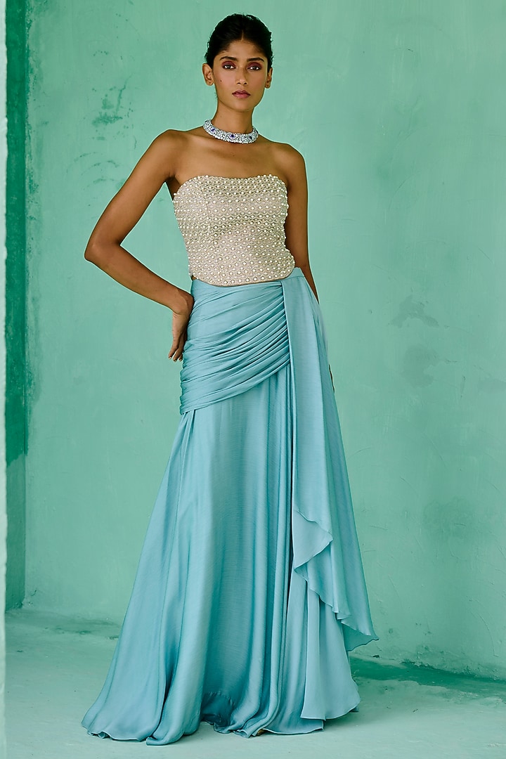 Blue Chiffon Draped Skirt Set by Chamee and Palak at Pernia's Pop Up Shop